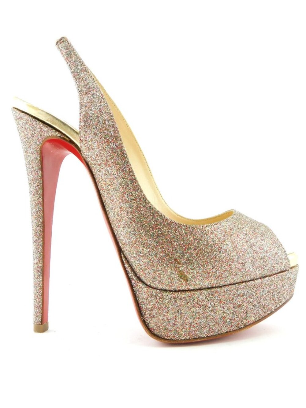 CHRISTIAN LOUBOUTIN Sparkly Champagne Glitter Peep Toe Sling Heel Lady Pumps 36
